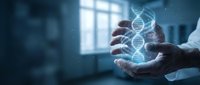 Scientist hands protecting glowing DNA double helix hologram in modern laboratory. Genetic research, biotechnology and medical innovation concept for healthcare design.