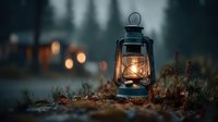 Vintage oil lantern glowing warmly on forest ground with autumn leaves, creating cozy camping atmosphere in twilight woods for outdoor adventure designs.