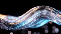 Glowing wave of light with sparkles and particles flowing on black background creates magical energy effect with blue and pink colors. For abstract design.