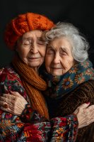 Two senior women embracing warmly, wearing colorful knitted clothing and scarves. One has white hair, other wears orange knit cap. Peaceful expressions show deep friendship.