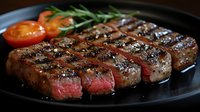 Juicy grilled ribeye steak with black pepper crust cooked to medium rare, served with fresh tomatoes and rosemary garnish on dark plate.