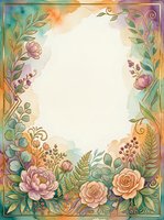 Watercolor floral frame with roses, peonies, ferns, and berries in pastel tones, featuring a blank center for text or design use.