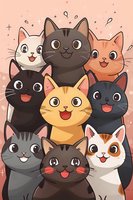 Cheerful cartoon cats group portrait with different colored kittens showing happy expressions on pink background. Cute kawaii style illustration for children design.