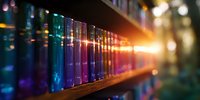 Colorful glass test tubes arranged in row on wooden shelf with dramatic lighting and bokeh effect creating scientific laboratory atmosphere.
