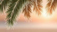 Tropical palm leaves frame golden sunset sky with warm orange and pink hues creating peaceful vacation atmosphere for travel and relaxation designs.
