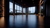 Modern empty dance studio with panoramic windows, dark ceiling, wooden floor and warm LED lighting creates atmospheric evening ambiance for events.