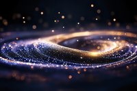 Magical glowing wave of sparkling particles flowing in dark space with golden light streaks and bokeh effect creating ethereal atmosphere.