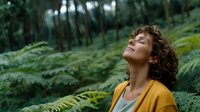 Young woman with curly hair in yellow cardigan enjoying peaceful moment in lush green fern forest, eyes closed in meditation or mindfulness practice.