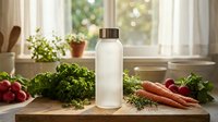 White glass milk bottle with copper cap on wooden cutting board surrounded by fresh organic vegetables including kale, carrots and radishes in bright kitchen.