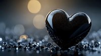 Black glossy heart shape on sparkling surface with warm bokeh lights creating romantic atmosphere for Valentine's Day greeting cards and love concepts.