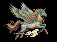 Ornate winged unicorn with colorful flowing mane, isolated on transparent background, ready for t-shirts, stickers, sublimation, and print on demand design use.