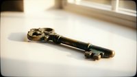 Vintage ornate brass key with decorative handle lying on white surface near window with natural lighting for antique home decor and security concepts.