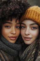 Close up portrait of two diverse young women in winter knit accessories smiling at camera. Natural beauty and friendship concept captured in warm autumn colors.