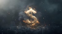 Glowing dollar sign emerging from dark smoke with sparks and particles, dramatic lighting creates mysterious financial atmosphere against black background.
