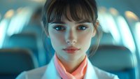 Young Asian female flight attendant in uniform with coral scarf looking directly at camera inside airplane cabin with soft turquoise lighting and passenger seats in background.