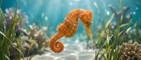 Orange seahorse swimming gracefully through underwater seagrass meadow with coral reef background in tropical marine environment for aquatic wildlife designs.
