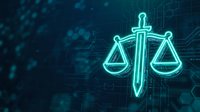 Glowing cyan scales of justice symbol with digital circuit patterns on dark blue technology background for legal tech and law firm concepts.