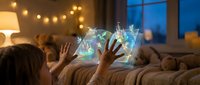 Young woman relaxing on couch using holographic augmented reality interface technology in cozy evening living room with warm lighting and string lights.