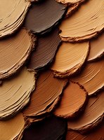 Creamy foundation makeup smears in various skin tone shades creating textured beauty background for cosmetic and skincare advertising campaigns.