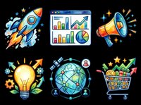 Startup business growth icons set with rocket, analytics chart, megaphone, lightbulb, global network, and shopping cart. Isolated on transparent background, ready for t-shirts, clipart, stickers, and print-on-demand designs.