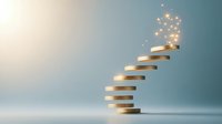 Stacked golden coins forming spiral staircase with magical glowing particles, symbolizing financial growth and path to wealth against blue background.