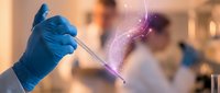 Laboratory scientist in blue gloves holding syringe with glowing purple liquid in modern research facility for medical testing and pharmaceutical development.