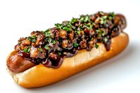 Gourmet hot dog topped with caramelized onions and fresh herbs on golden brioche bun against white background, close up view of street food delicacy.