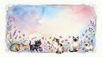 Watercolor cats and kittens frame with floral elements, hearts, and pastel sky background, copy space for text, greeting card design.