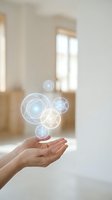 Hands presenting holographic geometric spheres with glowing network connections in modern bright interior space for digital technology concepts.