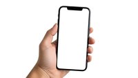 Hand holding modern smartphone with blank white screen isolated on white background for mobile app mockup and digital presentation.