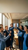 Diverse business team celebrating success with high five in modern office conference room showing teamwork and achievement in corporate environment.