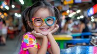 Young Asian girl with bright blue glasses and colorful tie-dye shirt smiling cheerfully while resting head on hands at outdoor market, blurred bokeh background creates festive atmosphere.