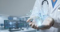 Male doctor in white coat holding glowing digital network connections in palm representing modern healthcare technology and medical innovation in hospital.