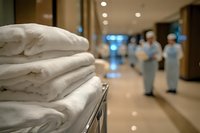 Clean hallway with medical staff in blue uniforms walking in background, focus on stacked linens in foreground.