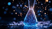 Glowing laboratory flask with luminescent blue liquid against dark background with bokeh lights and sparkles creating magical scientific atmosphere.
