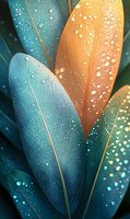 Macro view of tropical leaves with morning dew drops in turquoise blue and coral orange colors creating ethereal natural pattern. Suitable for wellness designs.