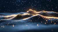 Glowing golden particles form abstract wave landscape against dark background with sparkling light effects and bokeh elements. Luxury design concept.