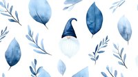 Watercolor blue leaves and gnome seamless pattern on white background. Botanical design for fabric, wallpaper, wrapping paper and home decor projects.