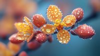 Colorful autumn leaves with water droplets creating natural macro photography with vibrant red, orange and yellow foliage against soft blurred background.