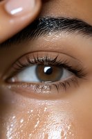 Close-up macro shot of brown eye with long natural eyelashes and glowing hydrated skin showing skincare and beauty results for cosmetic advertising.