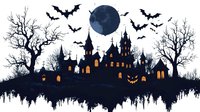 Spooky gothic castle silhouette with glowing windows against dark blue full moon, flying bats and bare trees creating haunting Halloween atmosphere on black background.