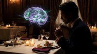 Young businessman contemplating with glowing brain hologram at elegant dinner table, representing artificial intelligence, decision making and cognitive processes.