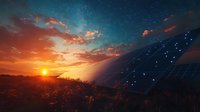 Dramatic sunset over solar panel farm with glowing orange clouds and starry sky, renewable energy concept showing sustainable power generation at dusk.
