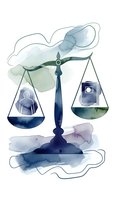 Watercolor justice scales balancing human figure and technology device representing law versus digital innovation in modern legal system.
