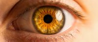 Close-up macro shot of human eye with vibrant golden amber iris showing detailed texture and patterns. Perfect for medical, vision care and beauty concepts.