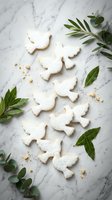 Dove-shaped sugar cookies dusted with powdered sugar on marble surface with eucalyptus leaves for peace symbol baking and holiday treats.