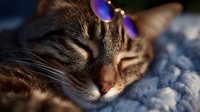 Sleeping tabby cat face close-up in warm sunlight on blue textile, showing peaceful expression and whiskers with soft natural lighting and shallow depth of field.