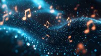Musical notes floating in cosmic space with glowing blue particles and orange accents creating magical atmosphere for entertainment and artistic backgrounds.