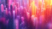 Vibrant abstract cityscape with glowing neon skyscrapers in pink, purple and orange colors against dark background with sparkles and light effects. Modern futuristic design.