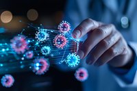 Digital visualization of virus cells with glowing pink and blue elements floating over hand interacting with virtual interface in dark background.